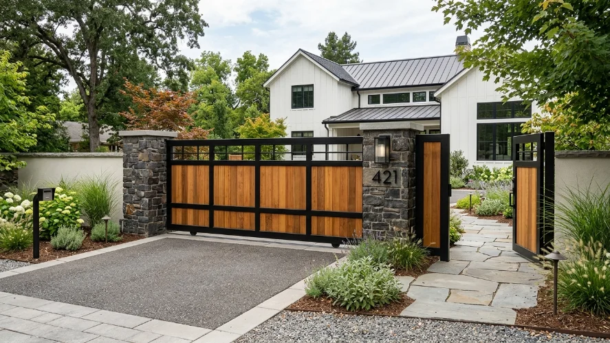 Steel-framed wood-fill gate blending industrial and farmhouse design.