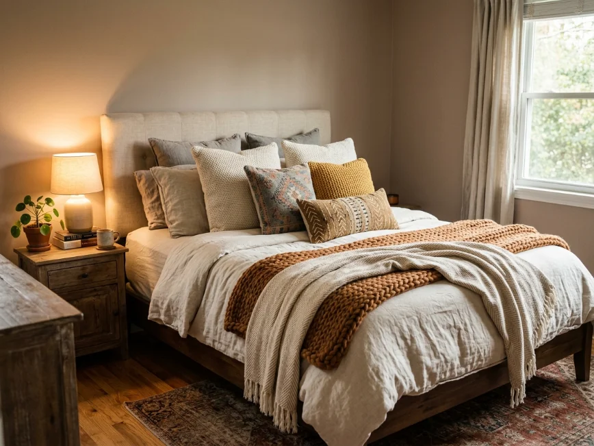 Layered cozy bedding in a stylish couple bedroom.