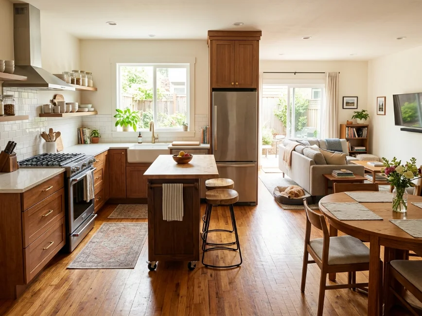 small open kitchen with movable island