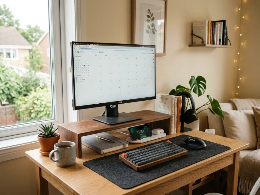 Monitor riser creating extra storage space on a compact desk.