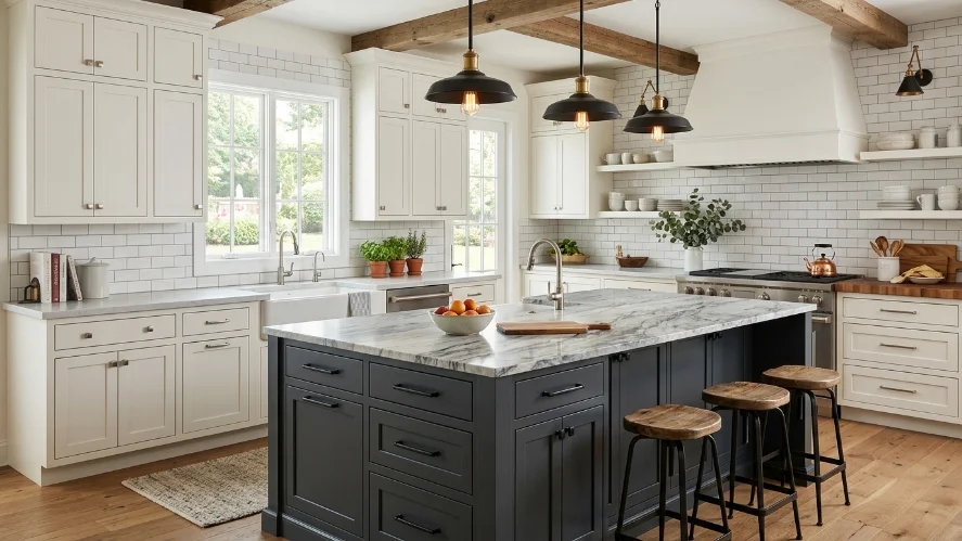 White kitchen cabinets paired with a contrasting dark charcoal island.