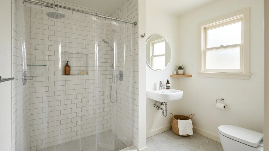 Clear shower liner making a small bathroom feel more open and spacious.