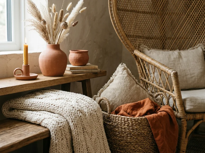 Natural boho decor textures including woven baskets, terracotta pottery, and soft layered fabrics.
