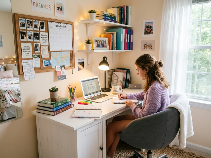 Functional teen girl bedroom study zone with stylish desk, shelves, and organized workspace.