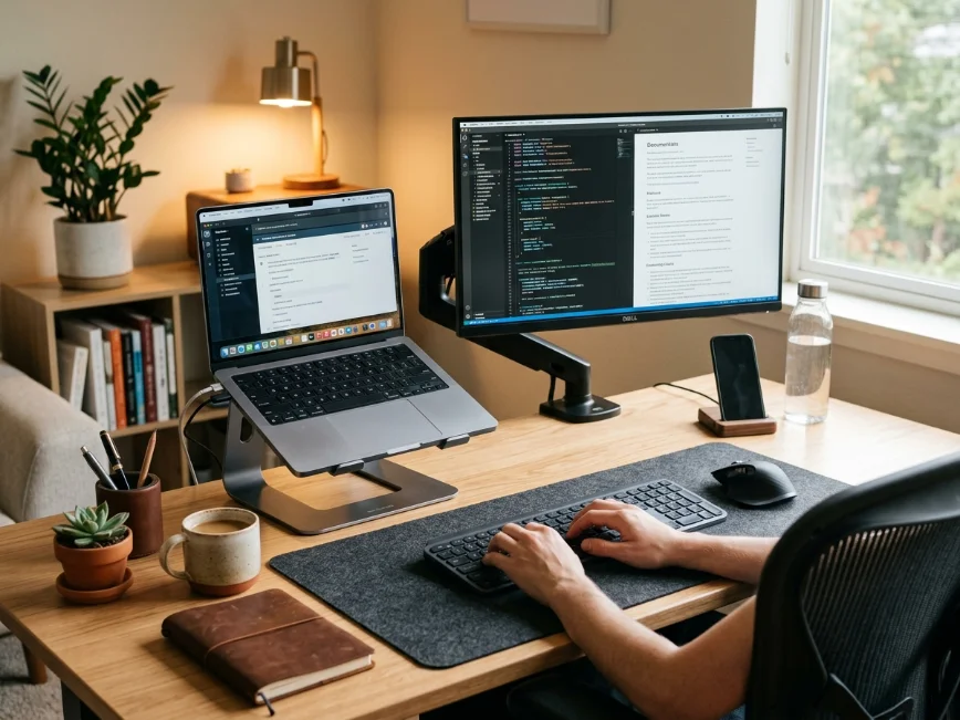 Laptop and monitor positioned at eye level for better posture and comfort.