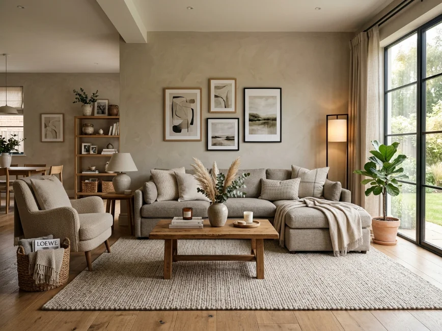 Soft greige living room with warm neutral tones and cozy textures.