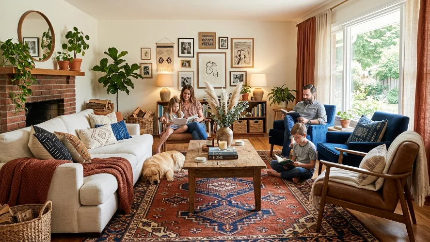 Boho living room anchored by a Moroccan-style area rug.