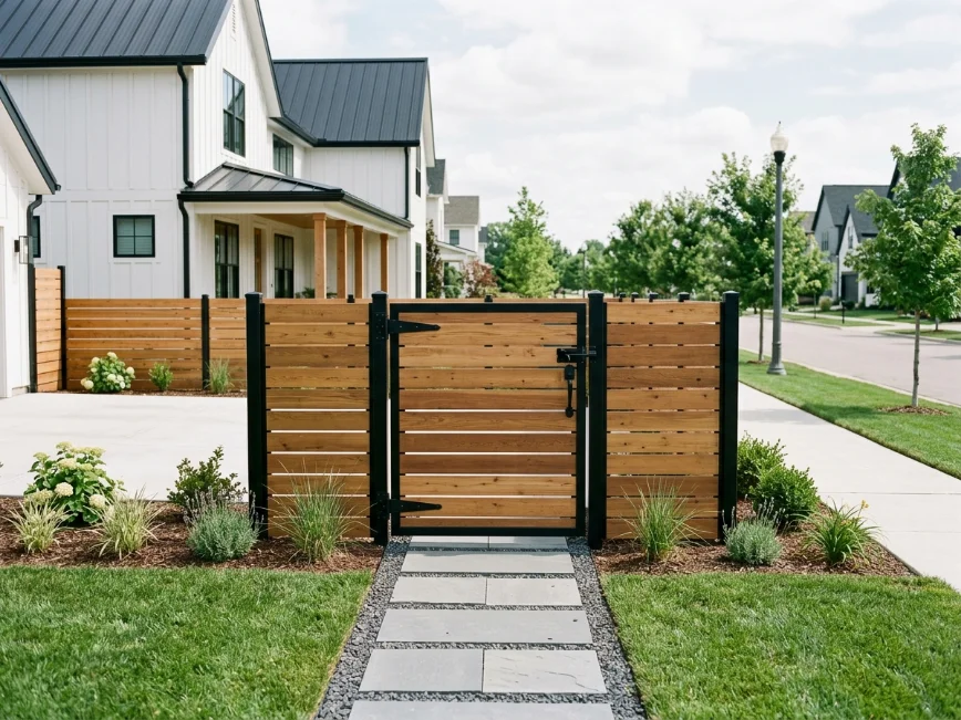 Horizontal slat cedar gate with modern farmhouse styling.
