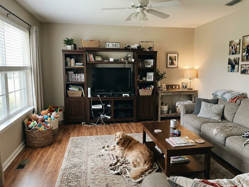 Updated modern farmhouse family living room in suburban home
