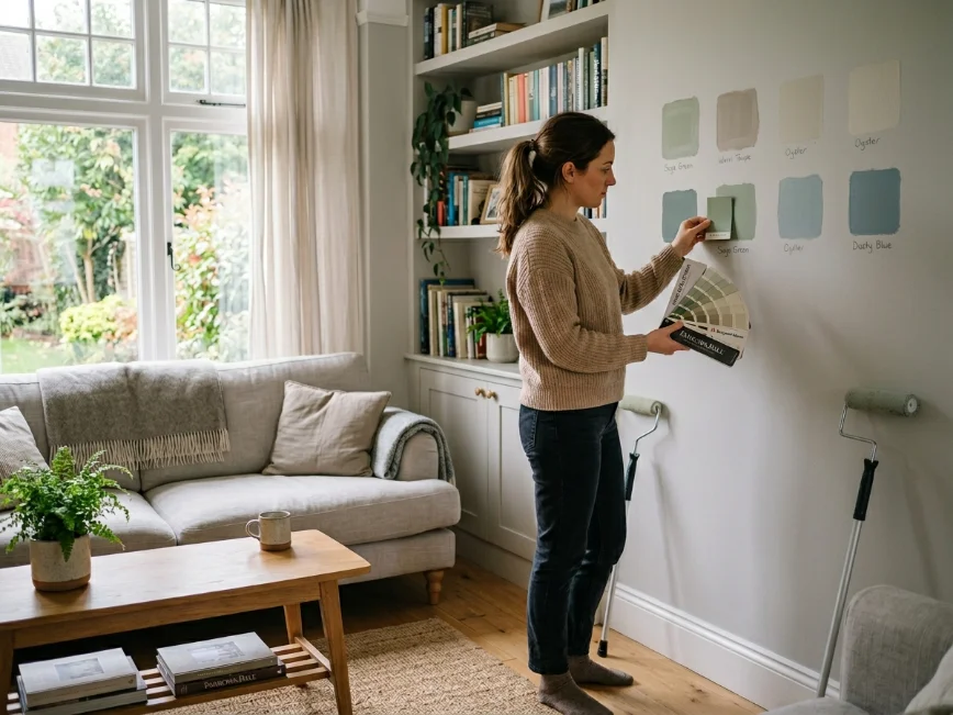 Choosing paint colors for a cozy and modern living room.