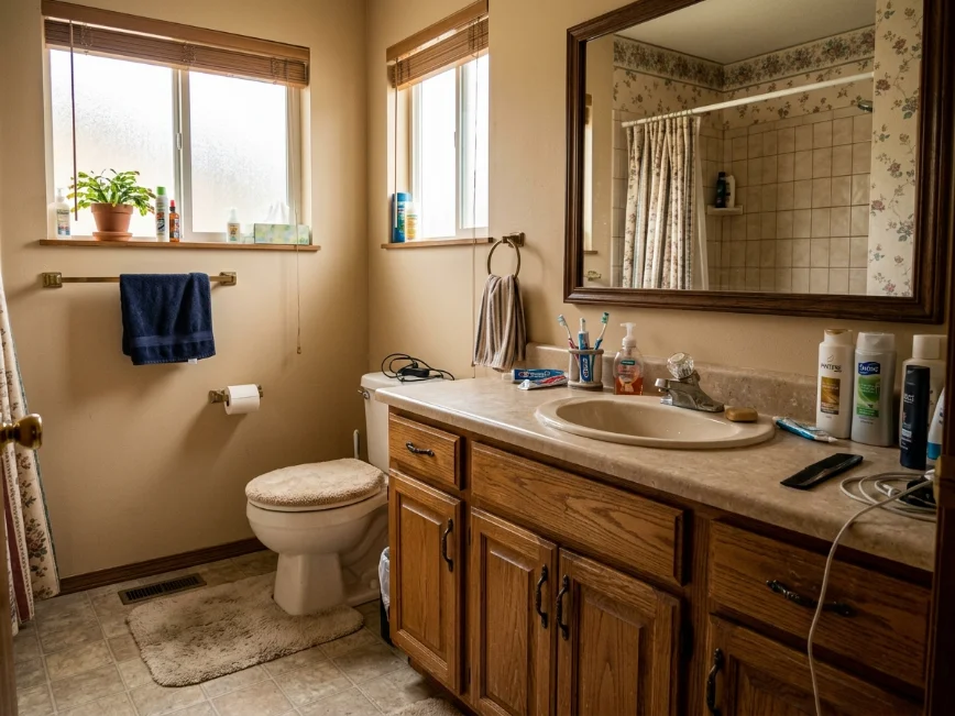 small outdated bathroom before budget makeover