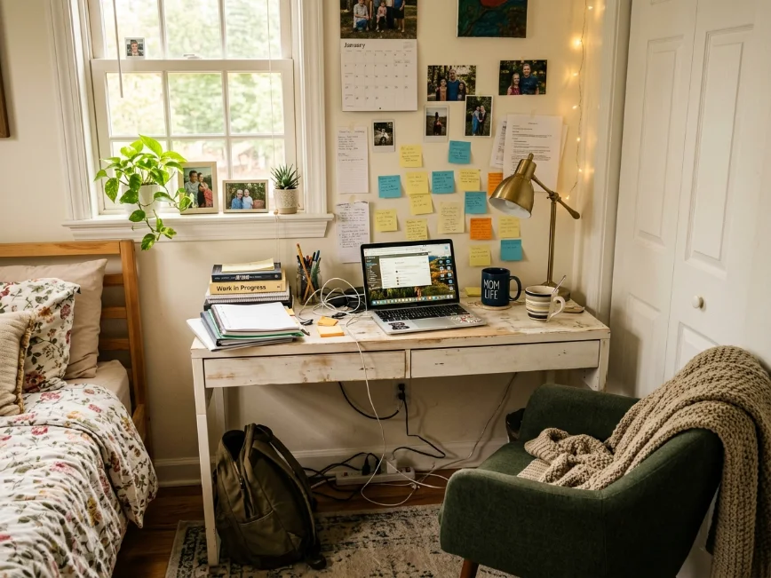 Cluttered small home office desk setup inside a guest room with papers, cables, and coffee mugs.