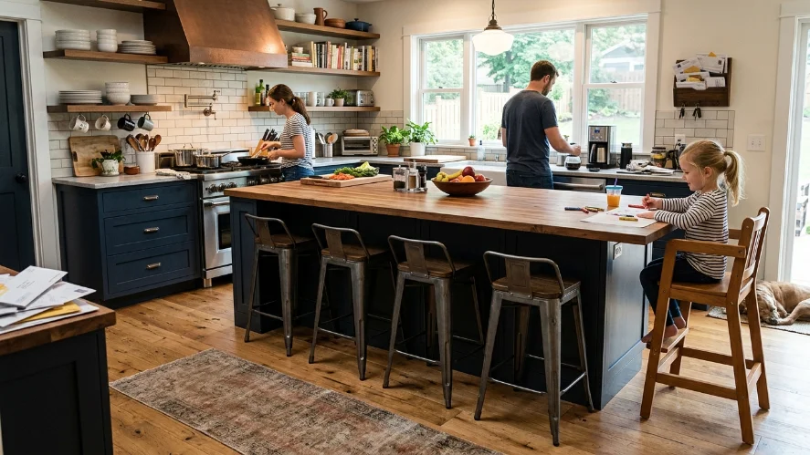Counter-height kitchen island with family-friendly seating and stools