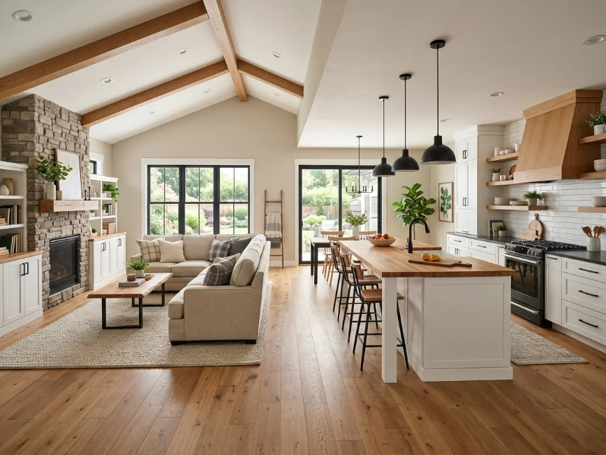 cohesive color palette in open kitchen and living room