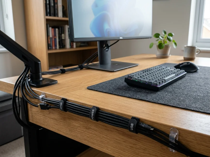 Organized desk cables neatly secured with velcro ties and clips.