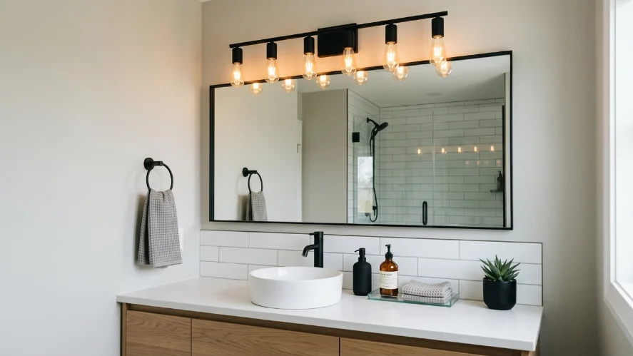 Modern vanity light fixture replacing outdated builder-grade bathroom lighting.