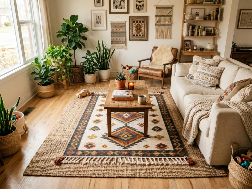 Boho living room featuring layered jute and patterned rugs for added warmth and texture.