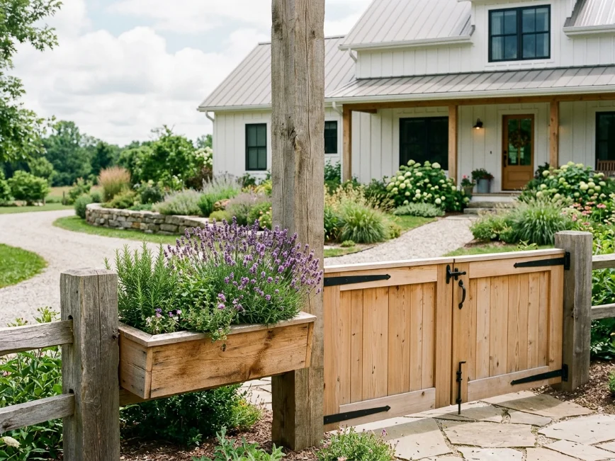 Farmhouse gate with cedar planter box filled with herbs and flowers.