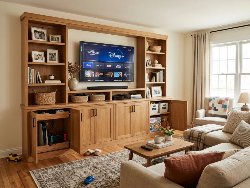 Finished stylish television wall with hidden storage