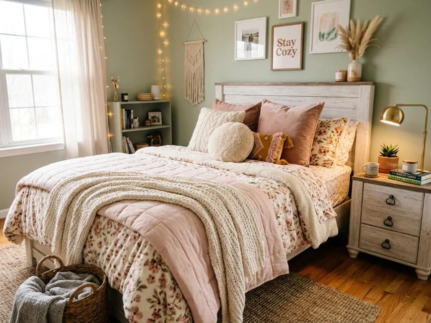 Cozy layered bedding setup in a teen girl bedroom with stylish pillows and soft textures.