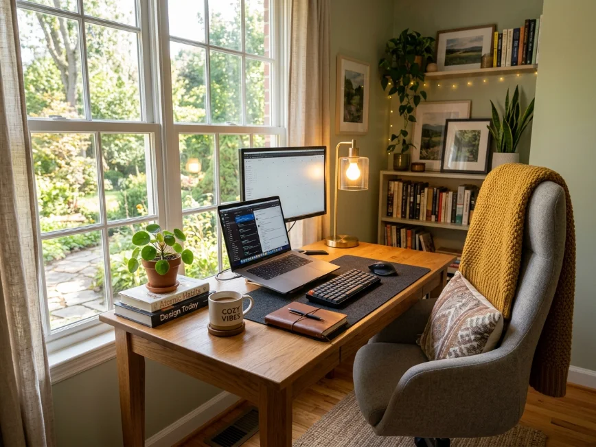 Ergonomic home office with natural light and warm desk lighting.
