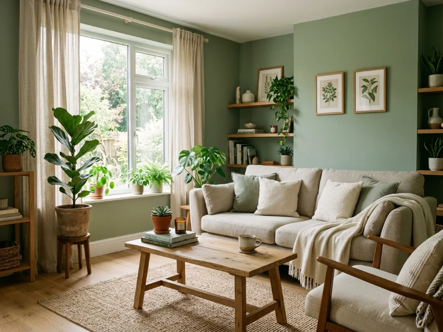 Sage green living room with calming natural decor and soft lighting.