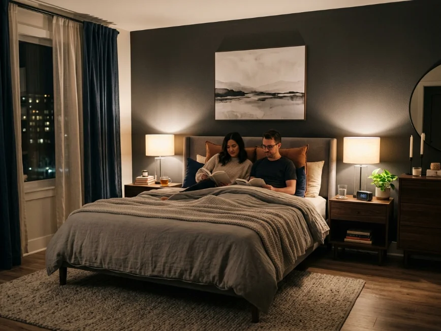 Warm layered lighting creating a relaxing bedroom atmosphere.