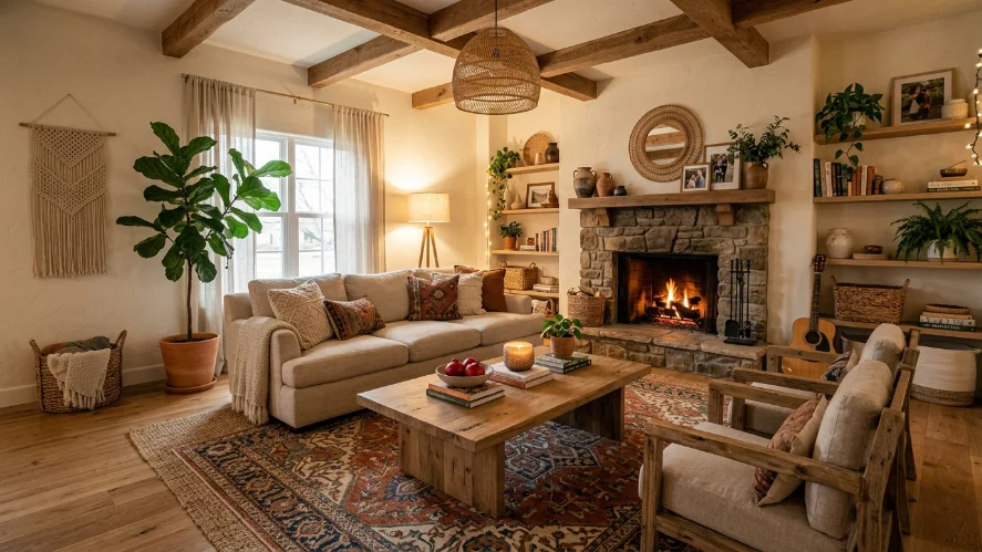 Cohesive boho living room layered around a statement rug.