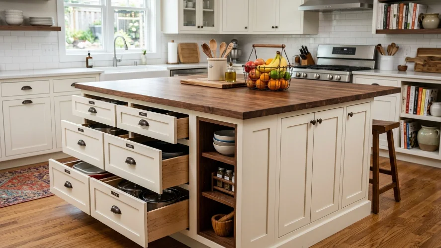 Kitchen island with practical drawers and cabinets for smart storage.