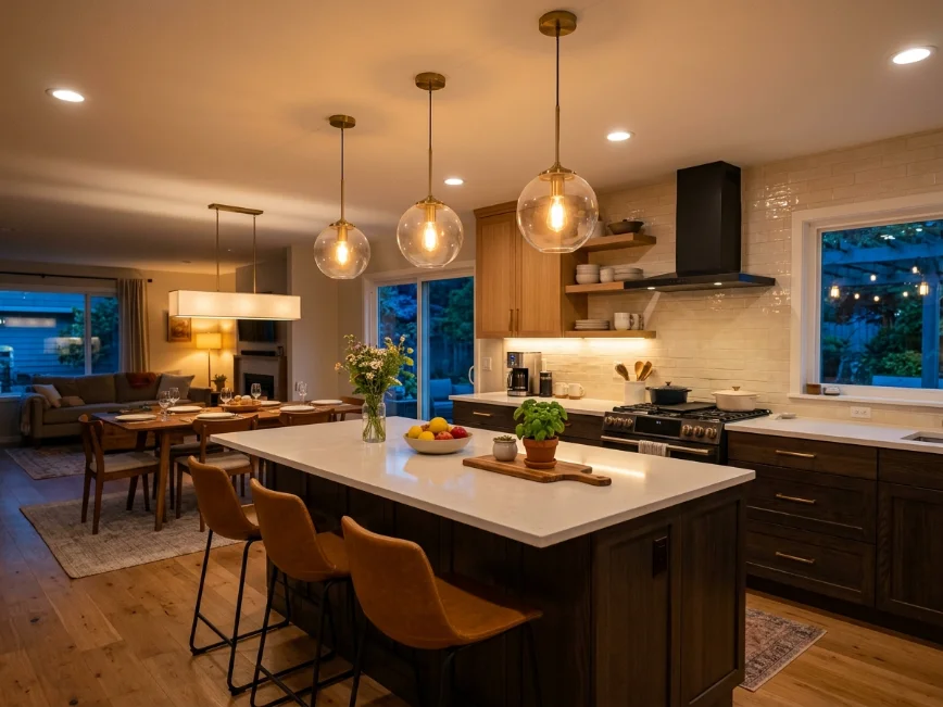 layered lighting ideas for open kitchen design