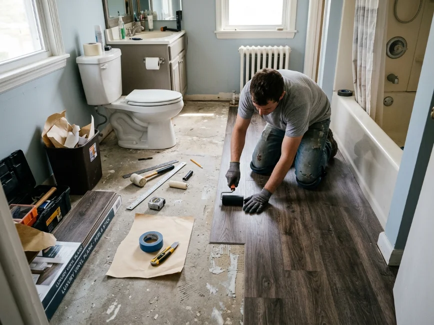 DIY peel and stick bathroom flooring project