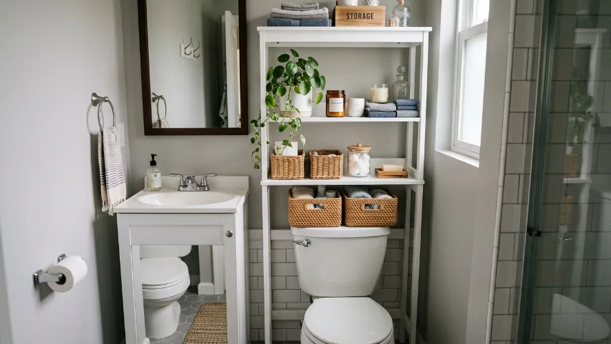 Vertical over-the-toilet storage maximizing space in a small bathroom.