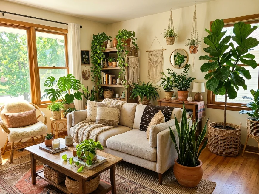 Boho-style living room enhanced by large indoor plants and woven natural planters.