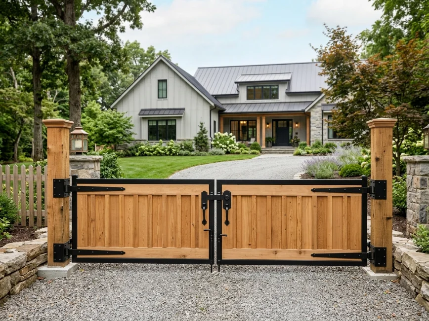 Double-swing cedar farmhouse driveway gate with black hardware.