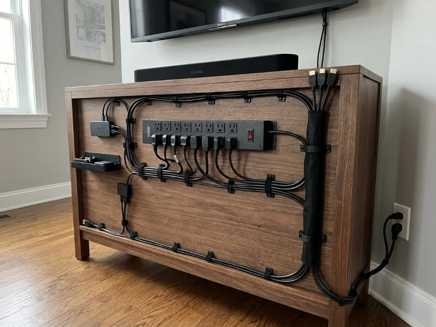 Messy television wall with visible cords