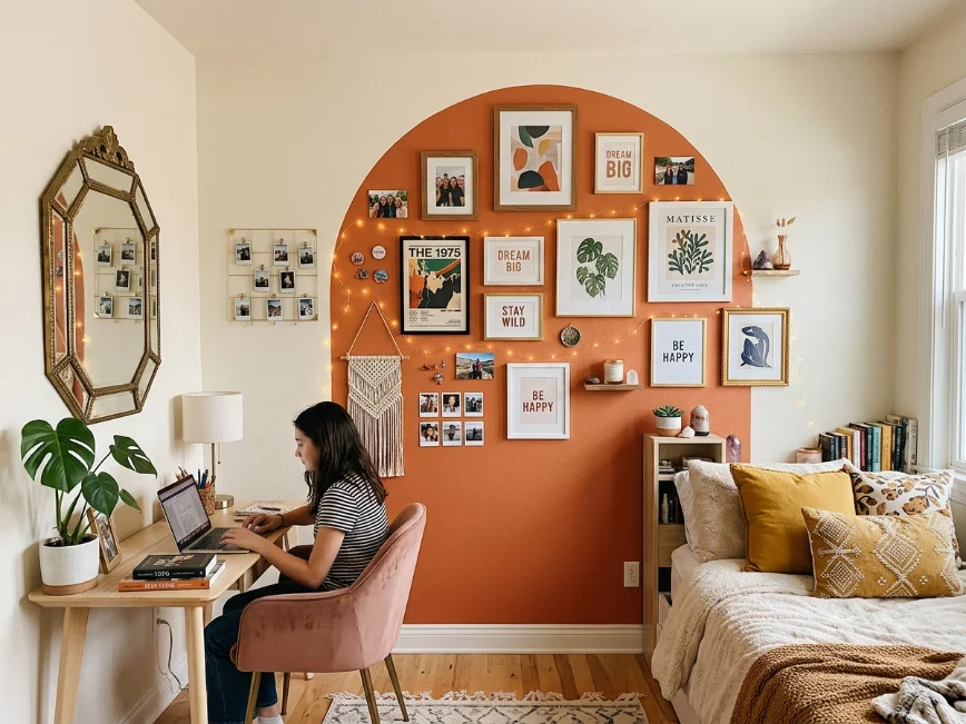 Personalized teen bedroom wall decor with framed art, mirrors, and soft lighting accents.