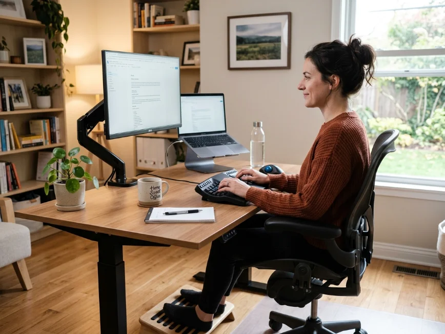 Comfortable ergonomic desk setup with proper posture and desk height.