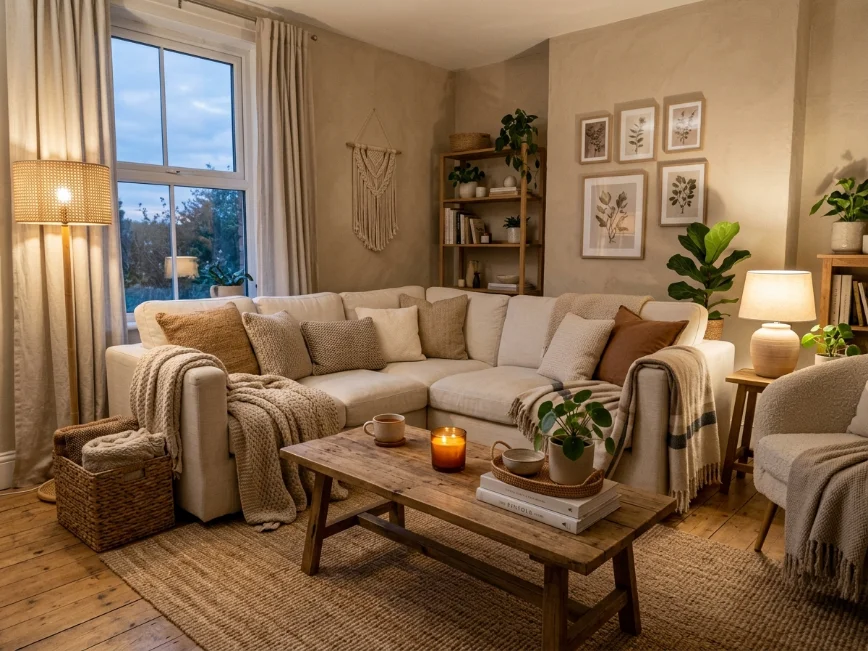 Earthy beige living room with warm textures and inviting decor.