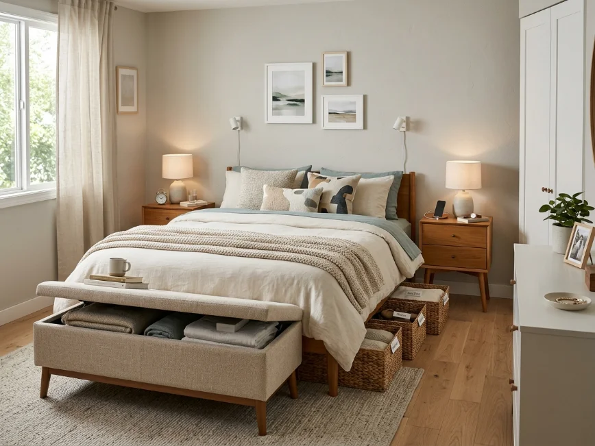 Couple bedroom with smart hidden storage and clutter-free design.
