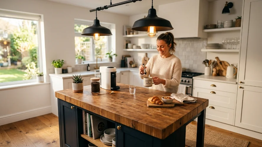 Kitchen island with pendant lighting creating warm functional illumination