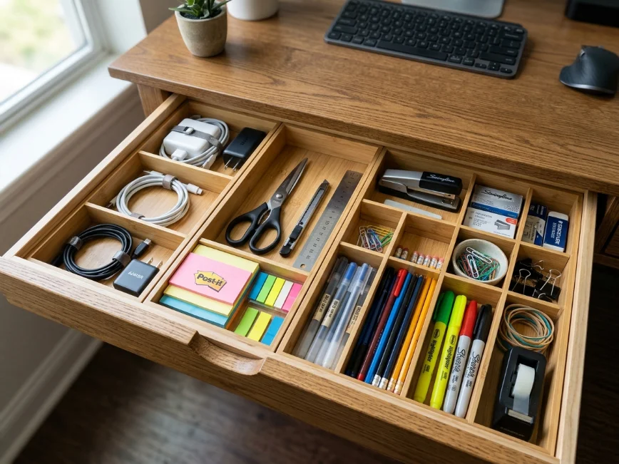 Desk drawer neatly organized with bamboo dividers and office supplies.
