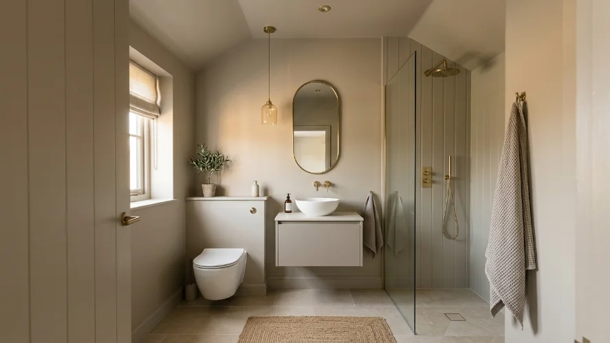 Matching wall and ceiling paint making a small bathroom feel taller.