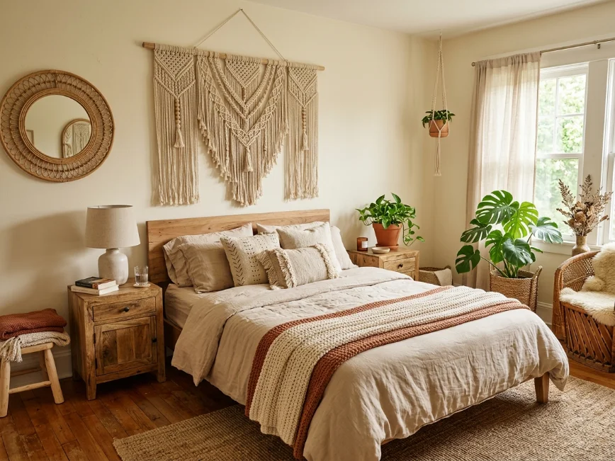 Boho bedroom with woven wall art, linen bedding, and warm natural textures.