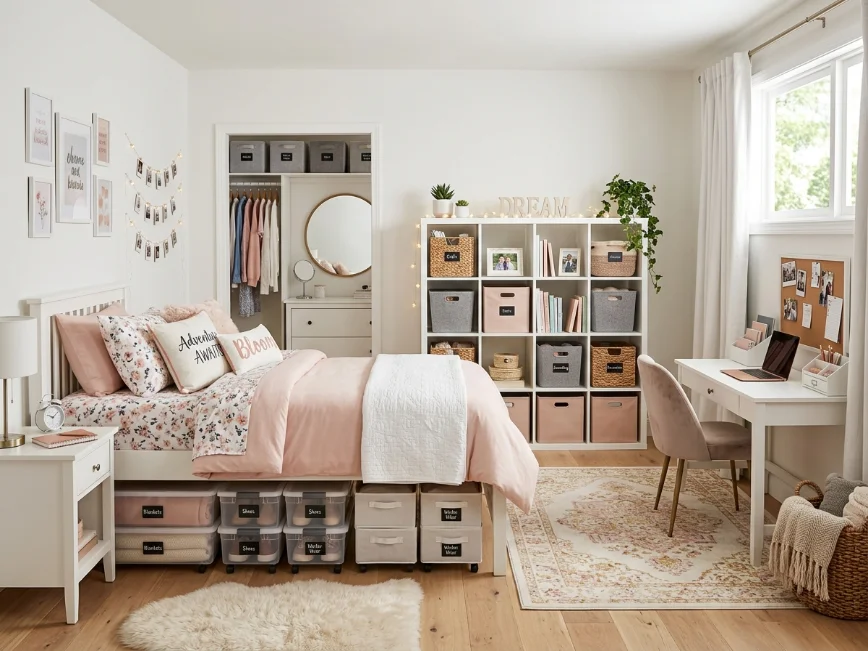 Teen girl bedroom with stylish storage solutions including shelves, baskets, and hidden organization.