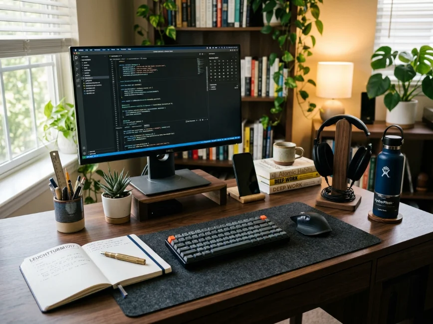 Home office desk organized with frequently used items within easy reach.