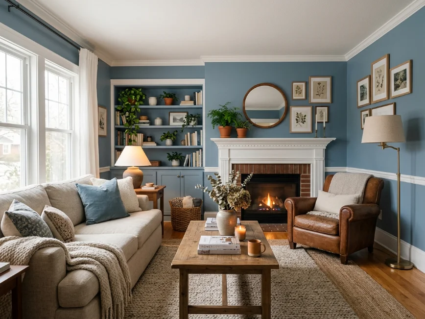 Dusty blue living room with warm wood accents and cozy seating.