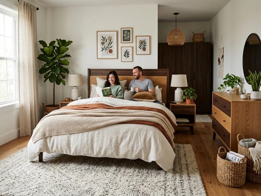 Balanced bedroom decor with layered textures and mixed furniture styles.
