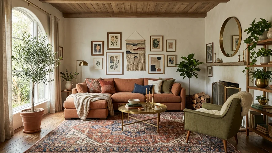 Earthy and colorful bohemian living room palette.