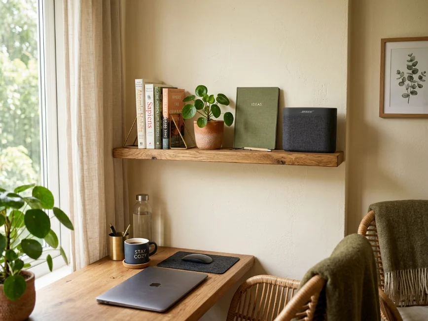 Floating shelf above a small desk for extra vertical storage.