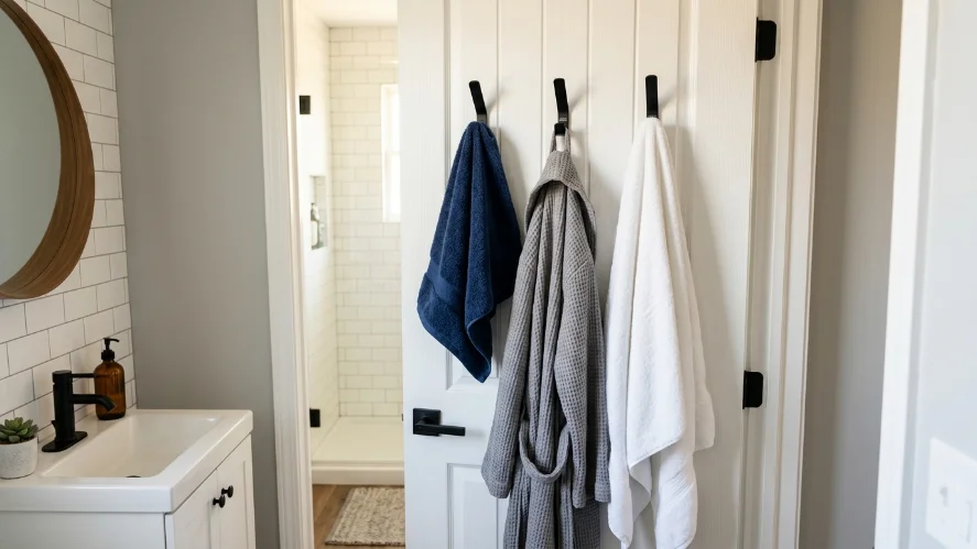 Matte black towel hooks on bathroom door for extra storage.